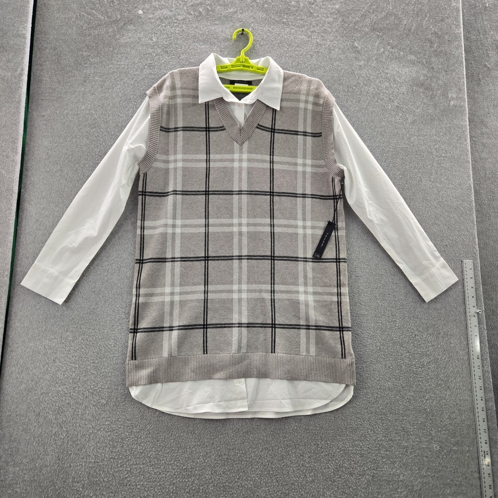 Tahari Women Sweater XL Gray Nylon Polyester Plaid Ribbed Hem NWT